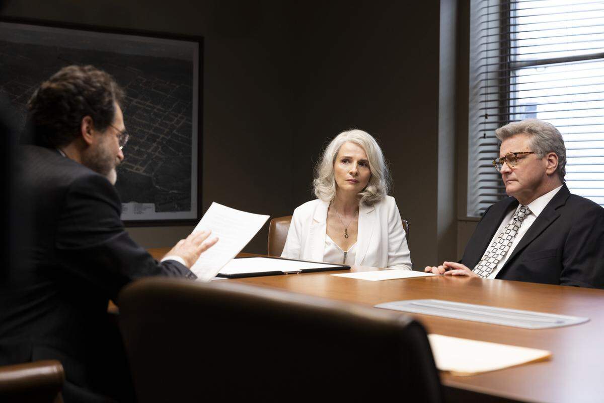 Michael Stuhlbarg as David Rudolf, Juliette Binoche as Sophie Brunet and Colin Firth as Michael Peterson in the HBO Max series “The Staircase.”