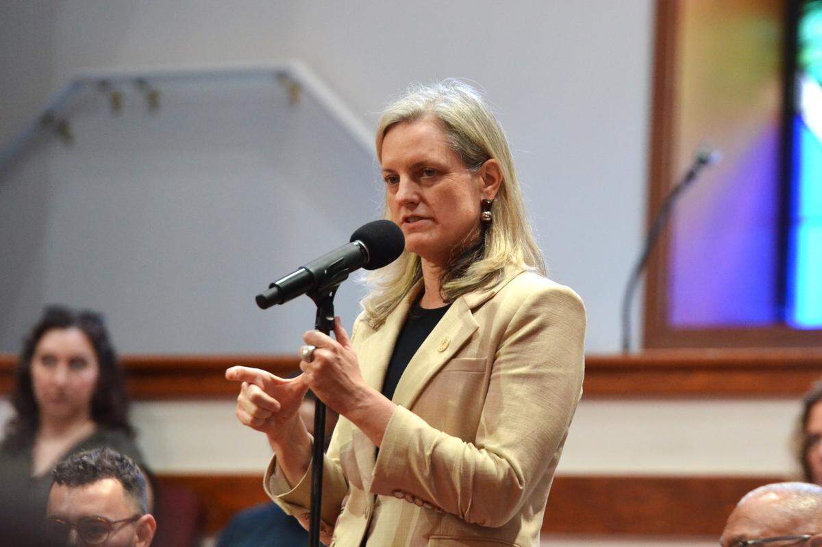 Raleigh Mayor Janet Cowell address members of the One Wake assembly, where people gathered on July 12, 2025, to advocate for affordable housing.