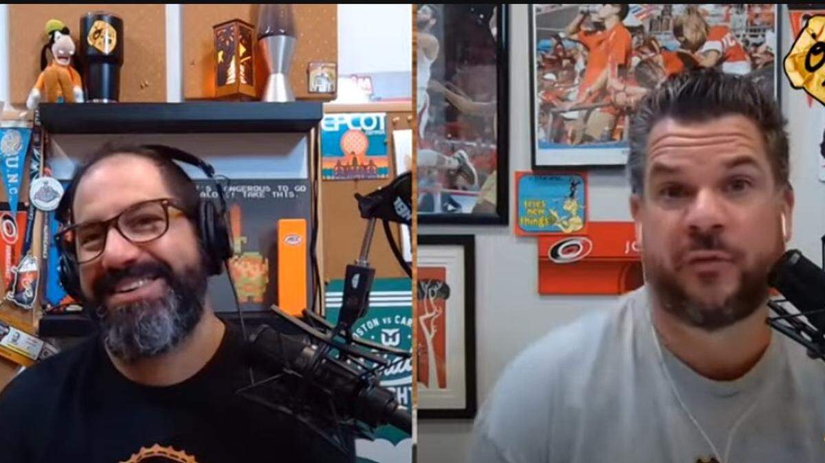 Joe Ovies, left, and Joe Giglio host the “Ovies + Giglio” sports talk show, available via podcast or YouTube.