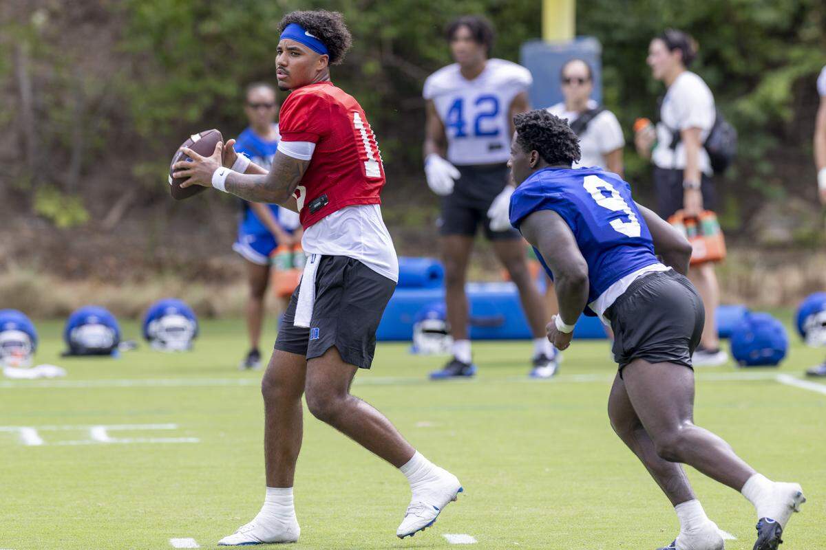 Duke quarterback Darian Mensah (10) practices on Monday, July 28, 2025 at Duke University.