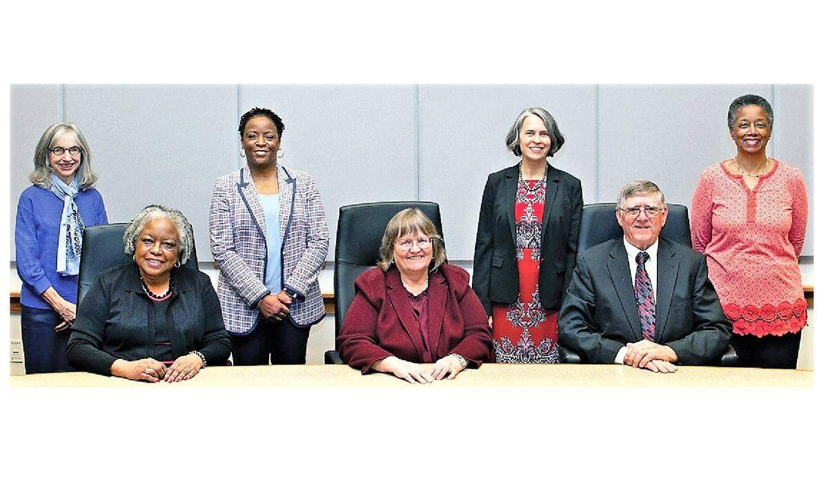 The Orange County Board of Commissioners (from left): Sally Greene, Anna Richards, Phyllis Portie-Ascott, Chair Jamezetta Bedford, Amy Fowler, Vice Chair Earl McKee and Jean Hamilton.