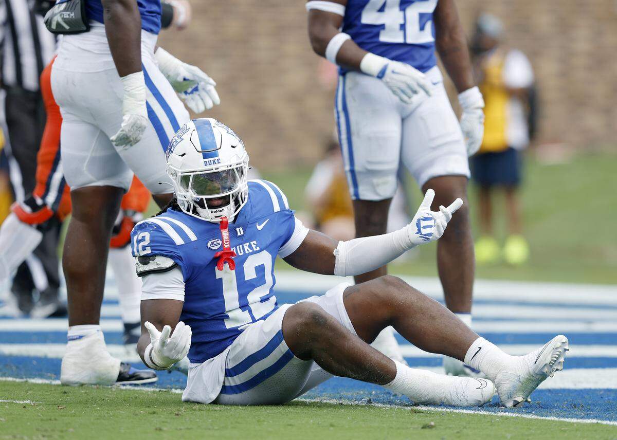 Duke’s Tre Freeman reacts following an Illinois touchdown during the second half of the Blue Devils’ 45-19 loss on Saturday, Sept. 6, 2025, at Wallace Wade Stadium in Durham, N.C.