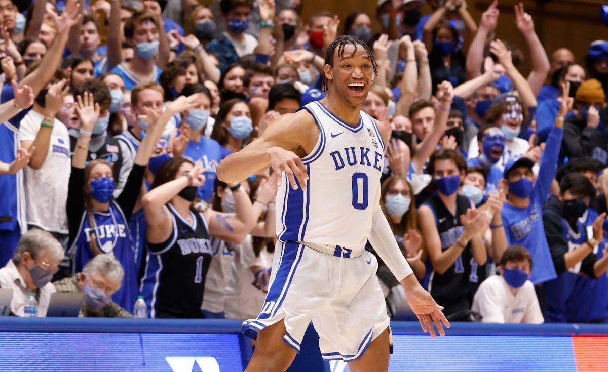 Duke’s Wendell Moore Jr. (0) celebrates hitting a three-pointer during the second half of Duke’s 92-52 victory over Gardner-Webb at Cameron Indoor Stadium in Durham, N.C., Tuesday, November 16, 2021.