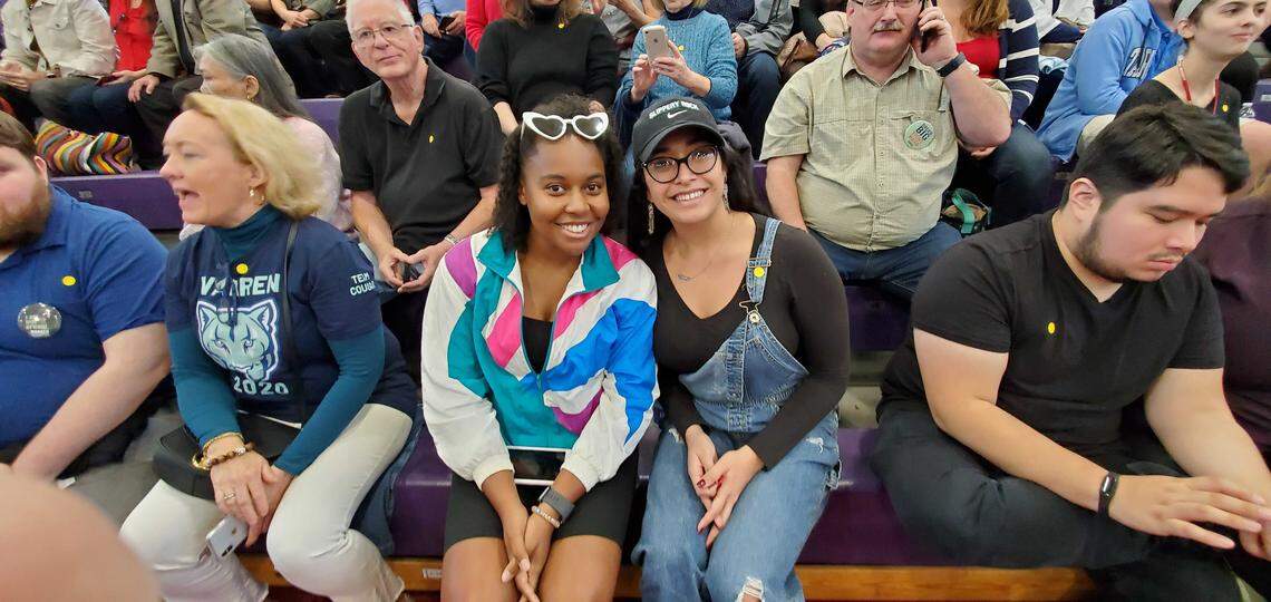 Chloe Thompson, left, and Alexa Pantazonis came from Greenville to see Elizabeth Warren at her Nov. 7, 2019, rally at Broughton High School in Raleigh, North Carolina. Both are East Carolina University students.