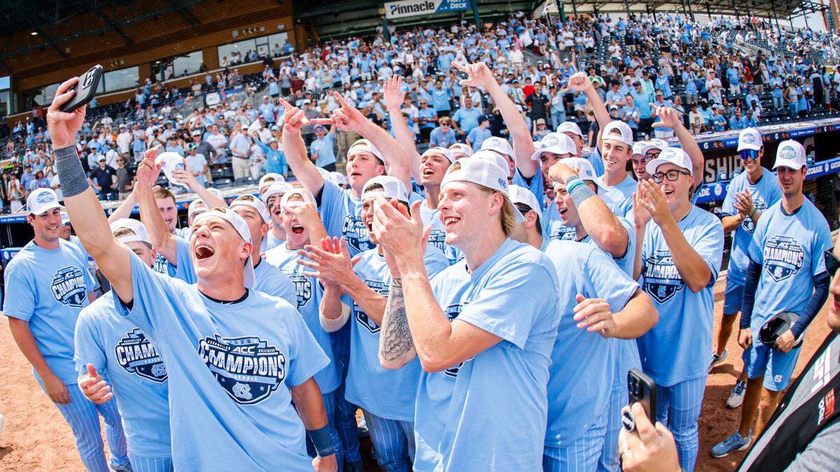 UNC celebrates after winning the ACC baseball championship against Clemson, 14-4, on Sunday, May 25, 2025, at Durham Bulls Athletic Park in Durham, N.C.