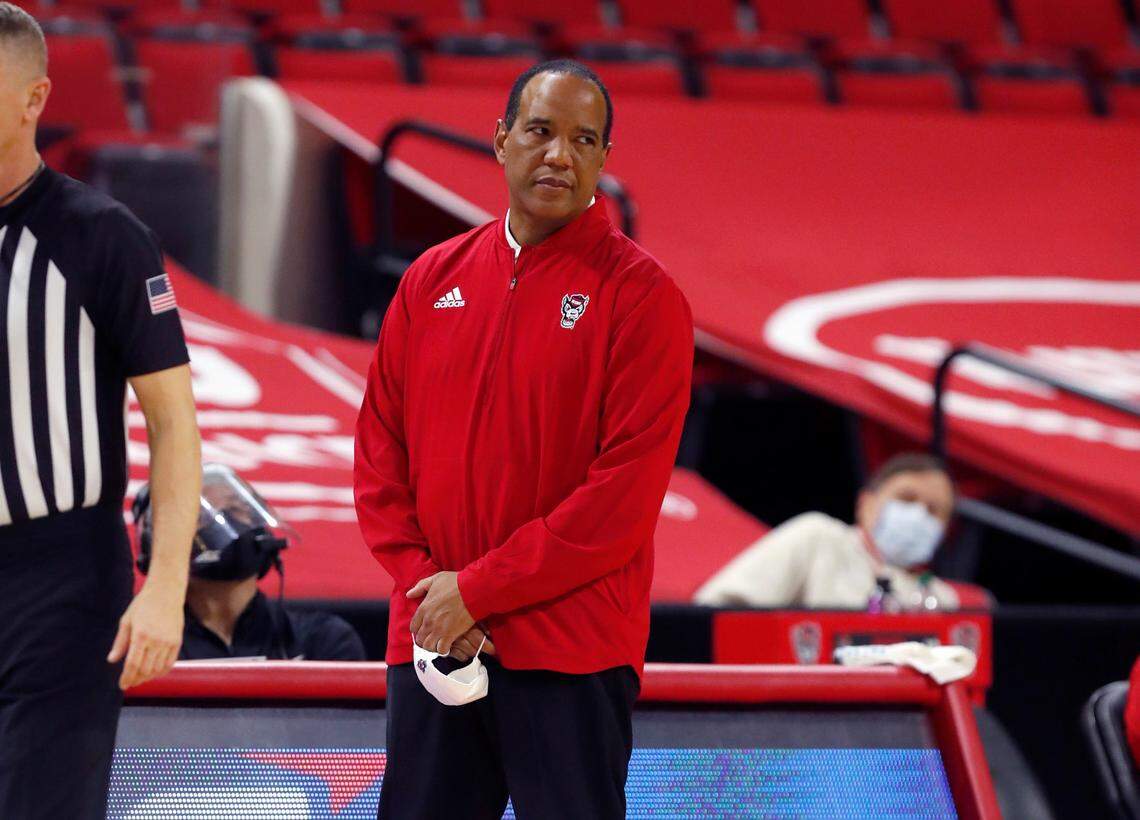 N.C. State head coach Kevin Keatts looks at his players during the first half of N.C. State’s game against Miami at PNC Arena in Raleigh, N.C., Saturday, January 9, 2021.