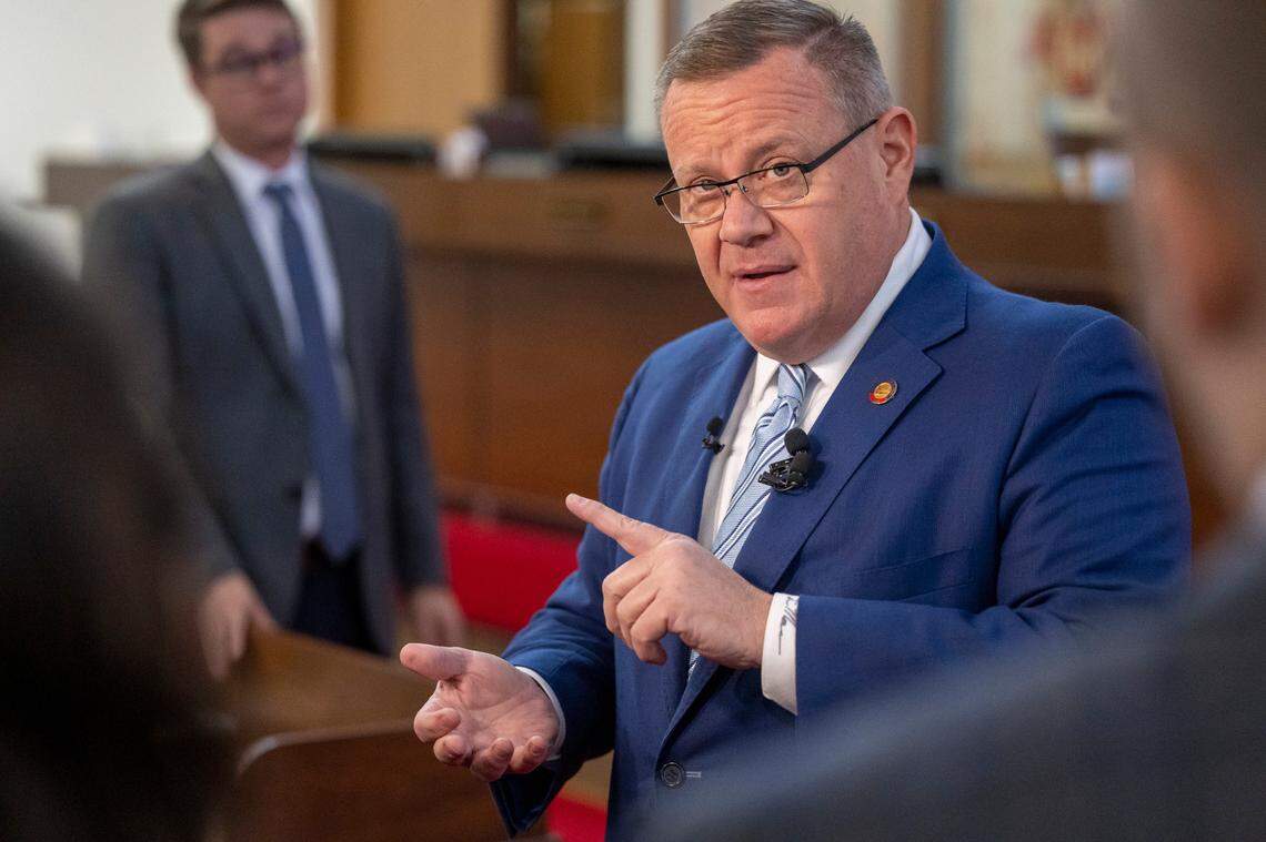 House Speaker Tim Moore talks with journalists after gaveling the house into recess on Tuesday morning, September 19. 2023 in Raleigh, N.C. Moore said he expected a vote on the state budget this week.
