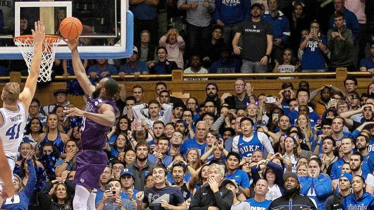 Stephen F. Austin’s Nathan Bain (23) scores the game winning basket to give the Lumberjacks’s a 85-83 overtime victory over Duke on Tuesday, November 26, 2019 at Cameron Indoor Stadium in Durham, N.C.