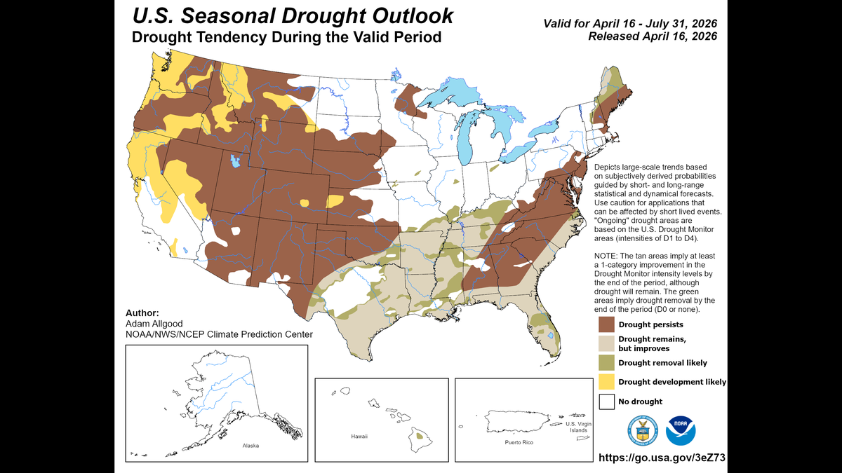 The Climate Prediction Center is forecasting the drought to remain throughout much of North Carolina through July, according to the U.S. Seasonal Drought Outlook released April 16, 2026.