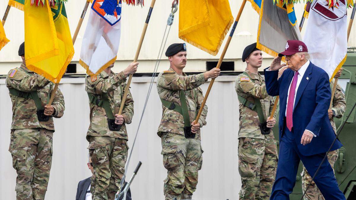 President Donald Trump takes the stage Tuesday, June 10, 2025, at Fort Bragg to mark the U.S. Army’s 250th anniversary. Defense Secretary Pete Hegseth and Army Secretary Dan Driscoll, a North Carolina native and UNC-Chapel Hill alumnus, also attended.
