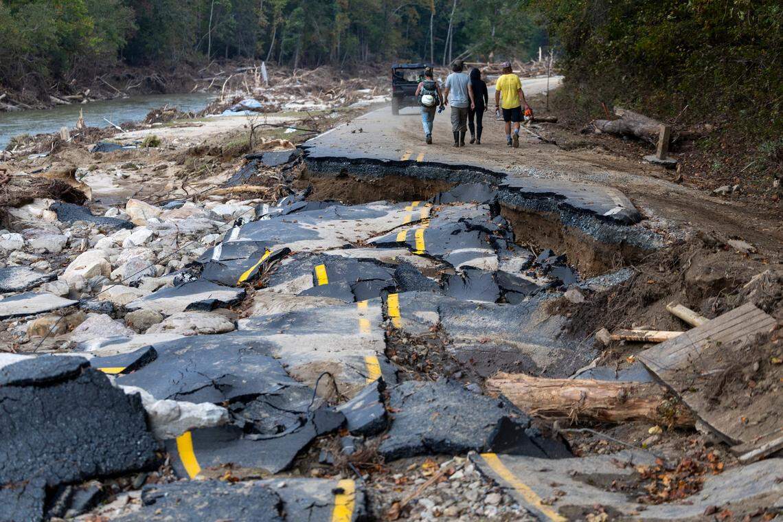Green River Cove Road, along the Green River was destroyed by historic flooding in the wake of Hurricane Helene on Monday, October 7, 2024 near Saluda, N.C.