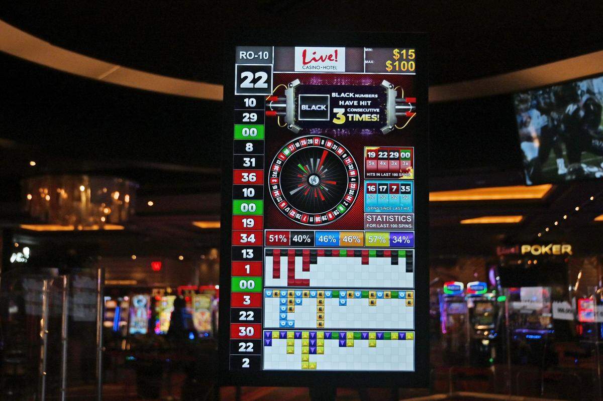 An LED roulette screen is pictured in April inside Sports & Social Maryland, a sports betting area inside Live! Casino & Hotel at Arundel Mills.