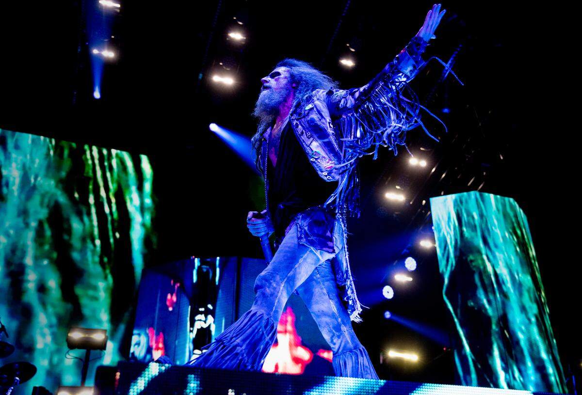 Rob Zombie works the crowd on stage on “Freaks On Parade 2023 Tour” to Raleigh, N.C.’s Coastal Credit Union Music Park at Walnut Creek, Tuesday night, Aug. 29, 2023.