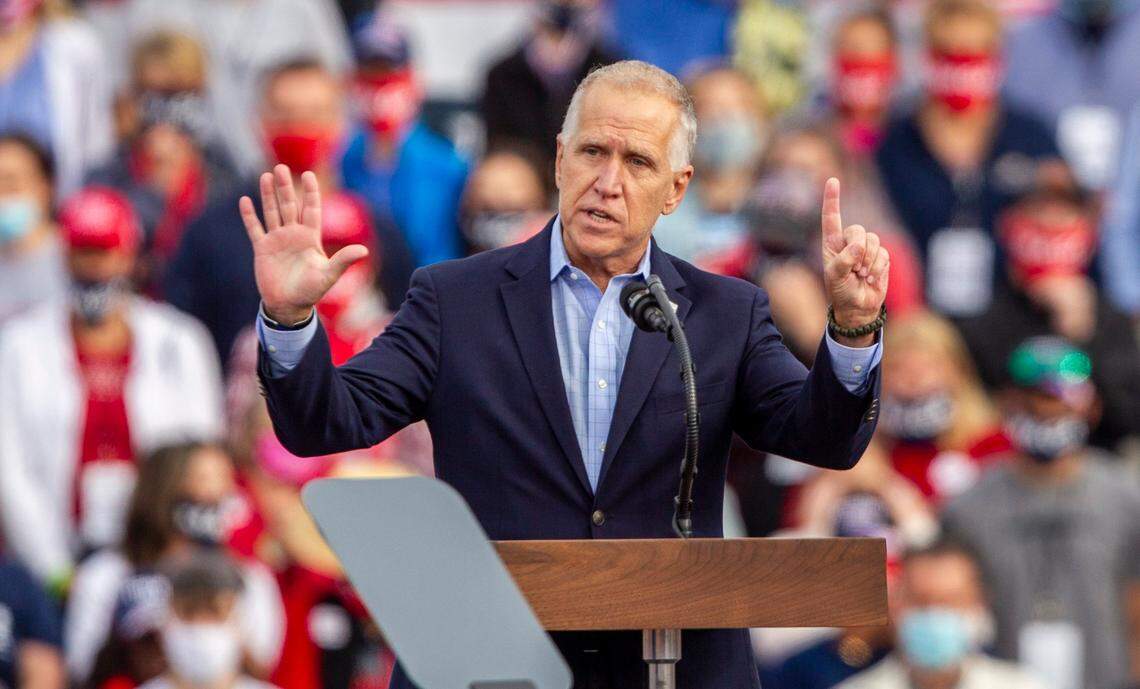 U.S. Sen. Thom Tillis speaks during a campaign rally for President Donald Trump at the Fayetteville Regional Airport Saturday, Sept. 19, 2020.