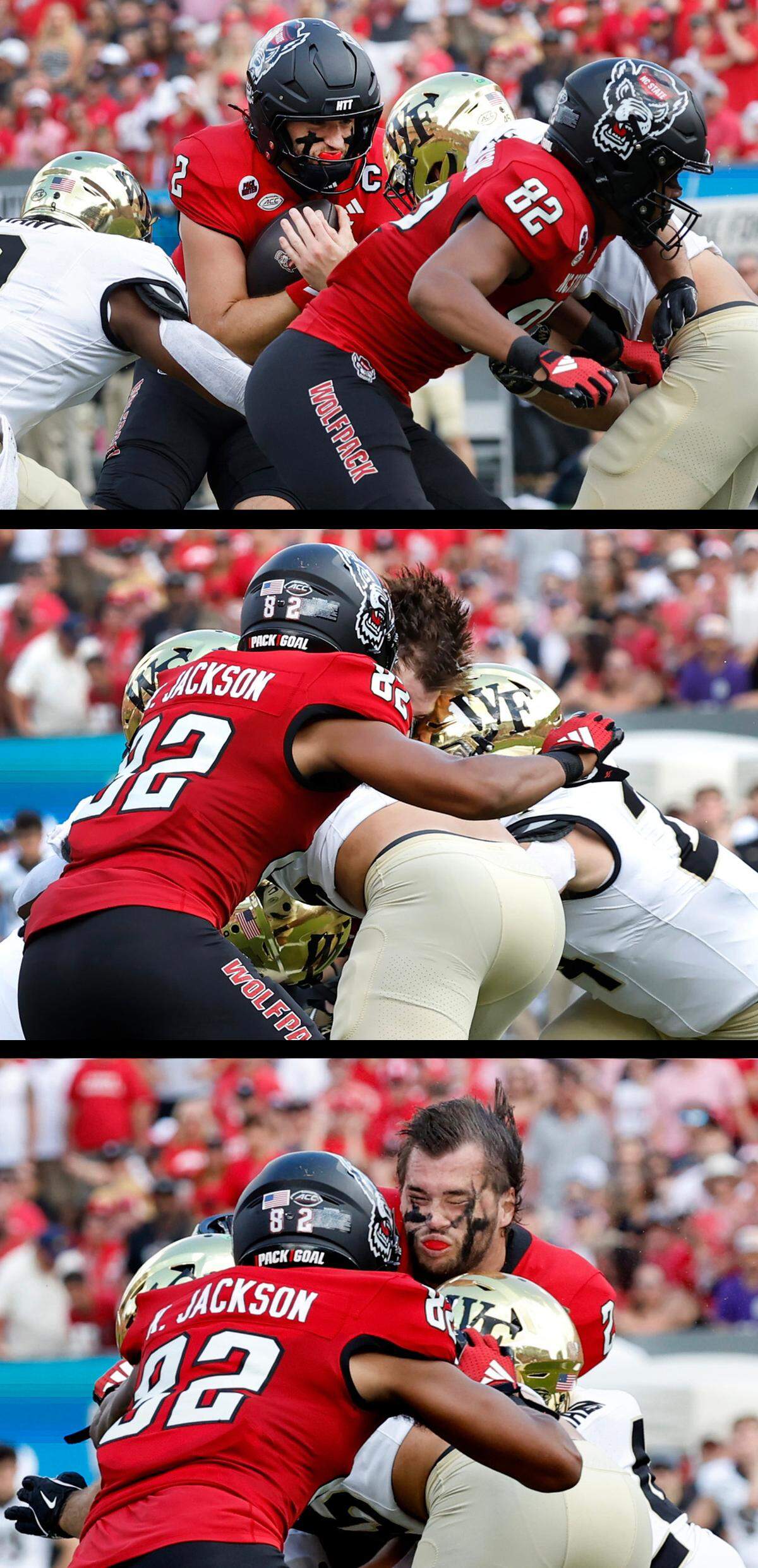 A series of photos showing the hit on N.C. State quarterback Grayson McCall, first by Wake Forest linebacker Quincy Bryant (9), top image and then by Wake Forest linebacker Dylan Hazen (24), middle and bottom images, that knocked McCall out of the game at Carter-Finley Stadium in Raleigh, N.C., Saturday, Oct. 5, 2024. 