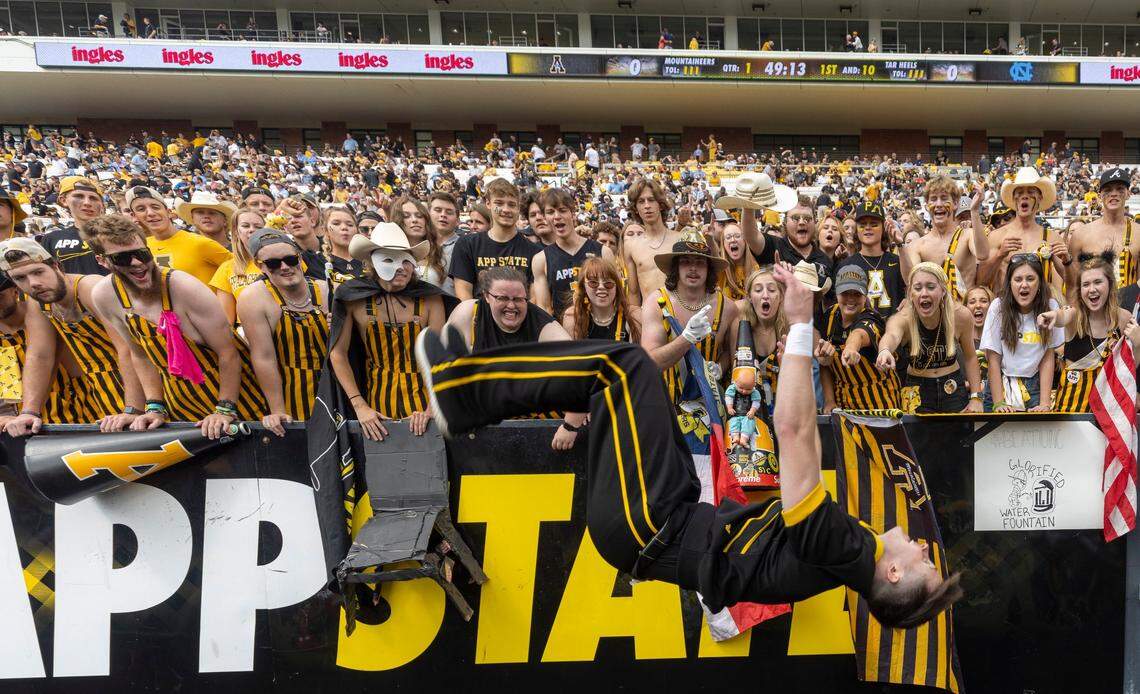 The Appalachian State cheerleaders ramp up the excitement prior to the Mountaineers game against North Carolina on Saturday, September 3, 2022 at Kidd Brewer Stadium in Boone, N.C.