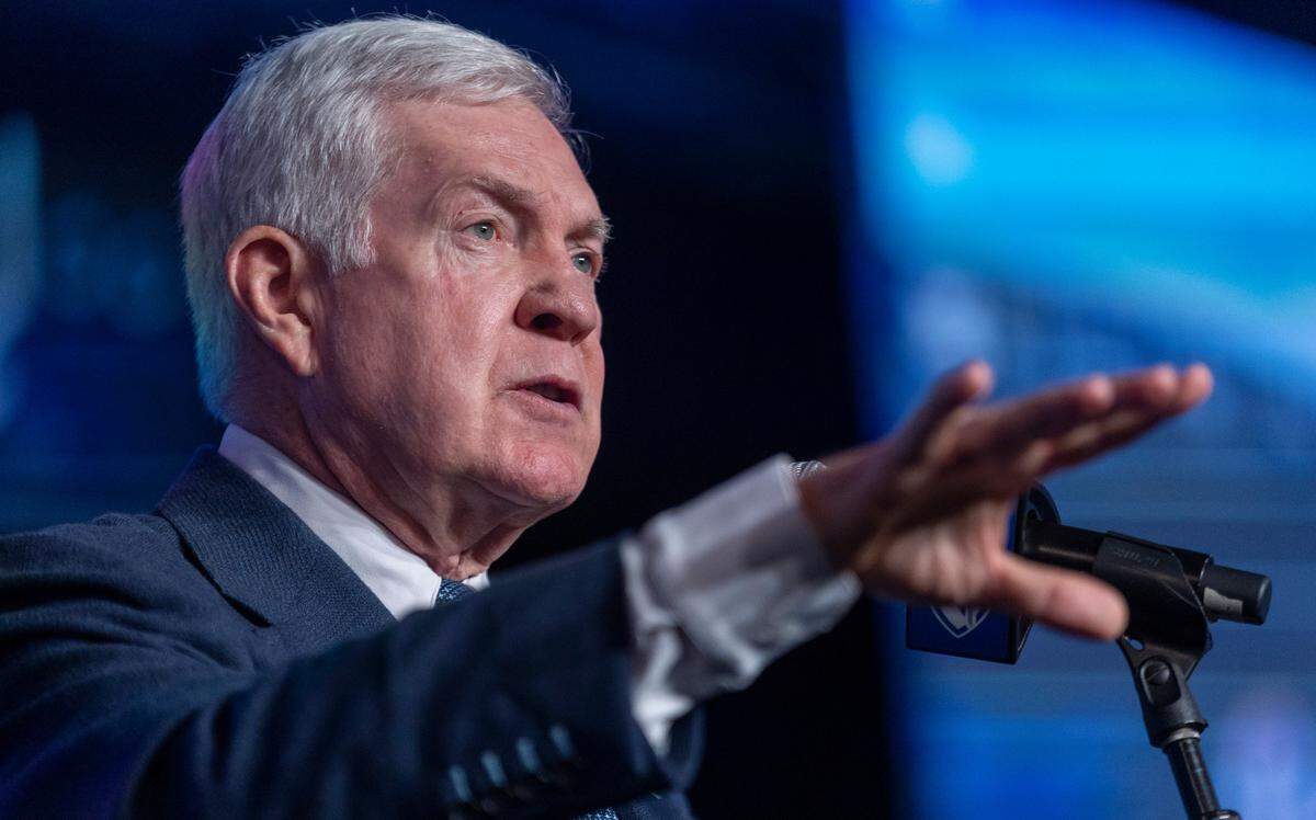 North Carolina coach Mack Brown addresses the media during the 2023 ACC Kickoff on Thursday, July 21, 2023 at the Westin Hotel in Charlotte, N.C.