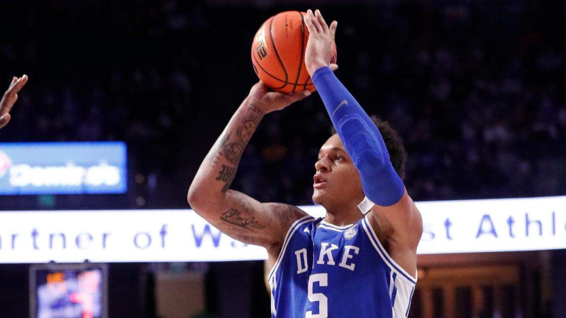 Duke’s Paolo Banchero (5) makes a three-pointer during the second half of Duke’s 76-64 victory over Wake Forest at LJVM Coliseum in Winston-Salem, N.C., Wednesday, January 12, 2022.