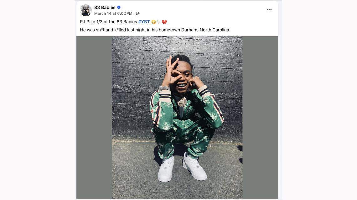 A screenshot of a Facebook post about former 83 Babies rapper Tevin “YBT” Burney, who was found shot in a car on March 13, 2026.