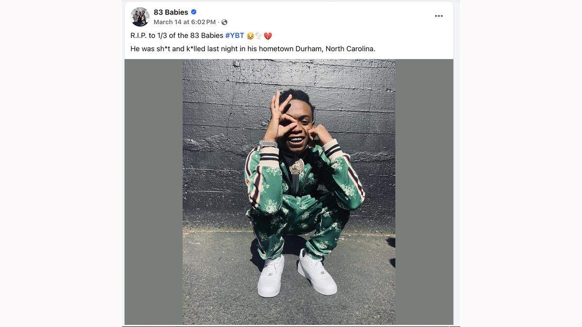 A screenshot of a Facebook post about former 83 Babies rapper Tevin “YBT” Burney, who was found shot in a car on Friday night in Durham.