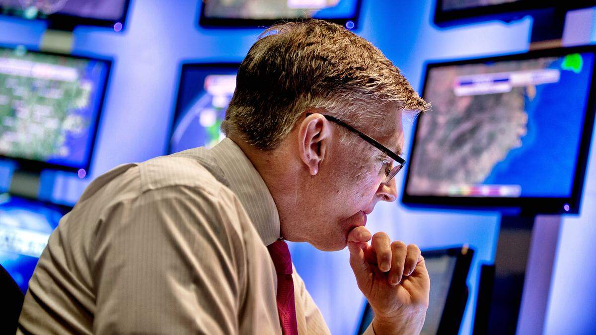 Hard at work analyzing data for an evening forecast, meteorologist Greg Fishel works in the WRAL studio in December 2015. 