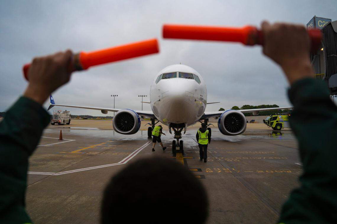 An Icelandair plane enters the apron at Raleigh-Durham International Airport (RDU) for the first time in Morrisville, N.C. on Thursday, May 12, 2022.
