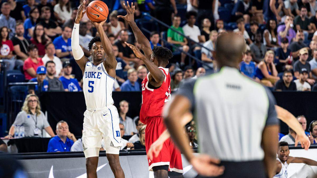 Duke freshman R.J. Barrett takes a jump shot during the Blue Devils’ college basketball exhibition game against McGill at Place Bell, in Laval, Quebec, Canada on Sunday, Aug. 19, 2018.