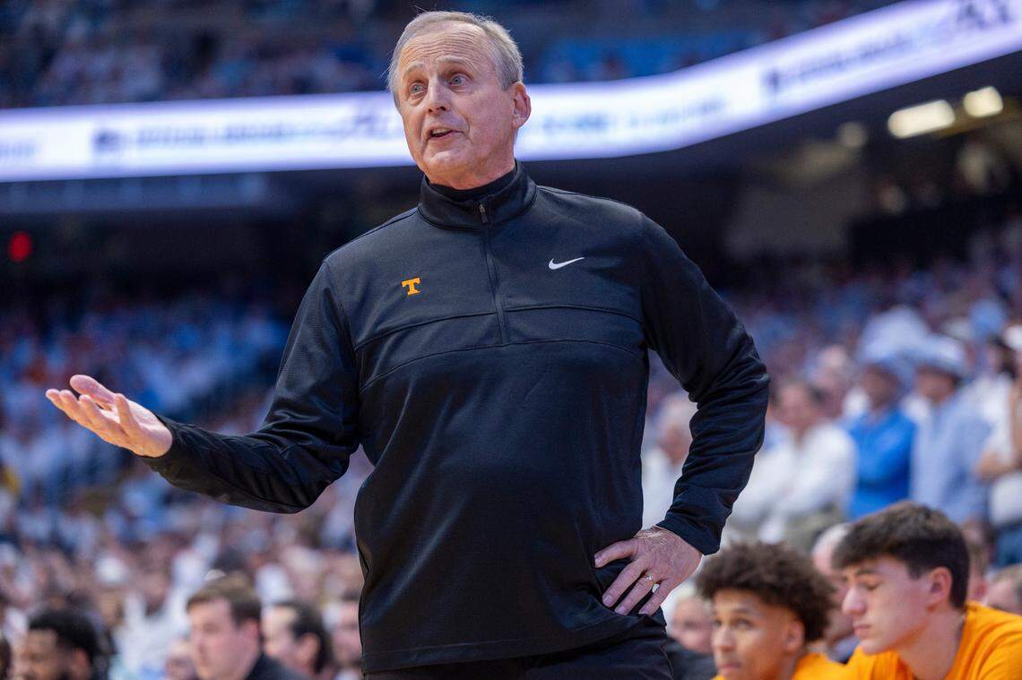 Tennessee coach Rick Barnes argues with the officials in the first half against North Carolina on Wednesday, November 29, 2023 at the Smith Center in Chapel Hill, N.C.