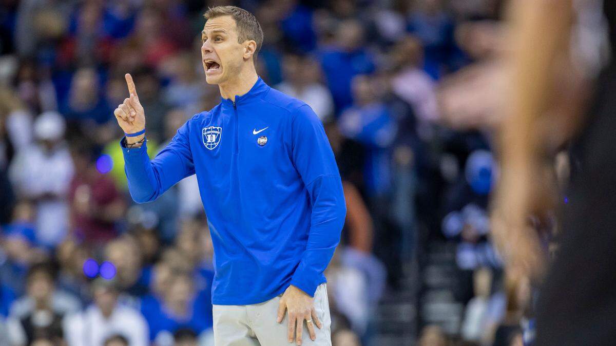 Duke coach Jon Scheyer directs his team in the first half against Alabama on Saturday, March 29, 2025 during the NCAA East Regional final at Prudential Center in Newark, N.J.