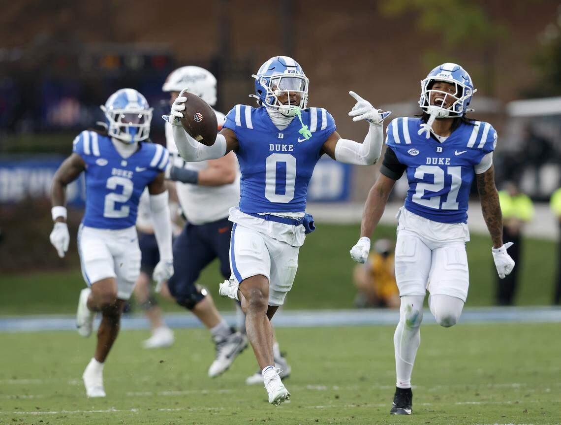 Duke cornerback Chandler Rivers celebrates following an interception during the first half of the Blue Devils’ game against Virginia on Saturday, Nov. 15, 2025, at Wallace Wade Stadium in Durham, N.C.