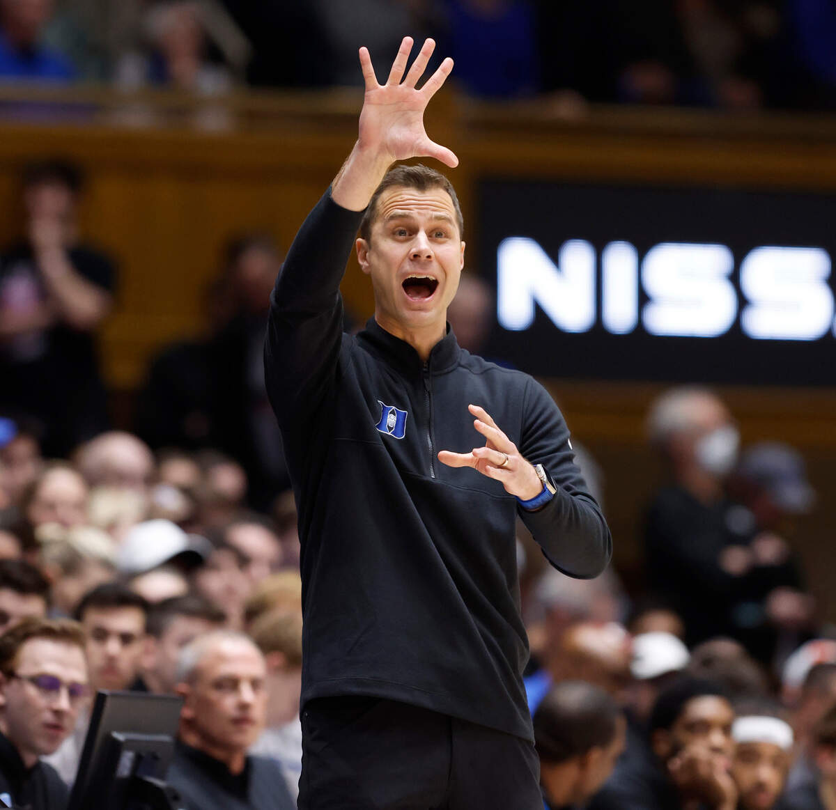 Duke’s head coach Jon Scheyer instructs his team during the first half of Duke’s game against Wake Forest at Cameron Indoor Stadium in Durham, N.C., Tuesday, Jan. 31, 2023.