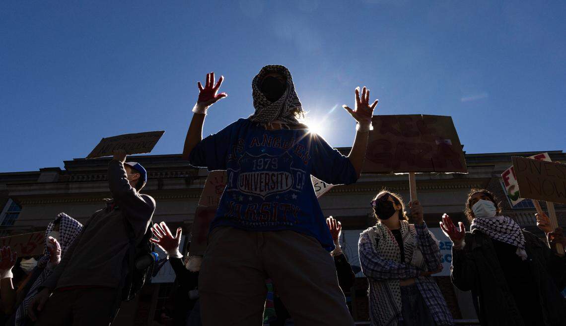 Palestinian supporters rally outside the installation ceremony for new UNC Chapel Hill chancellor Lee Roberts on the campus in Chapel Hill, Friday, October 11, 2024.