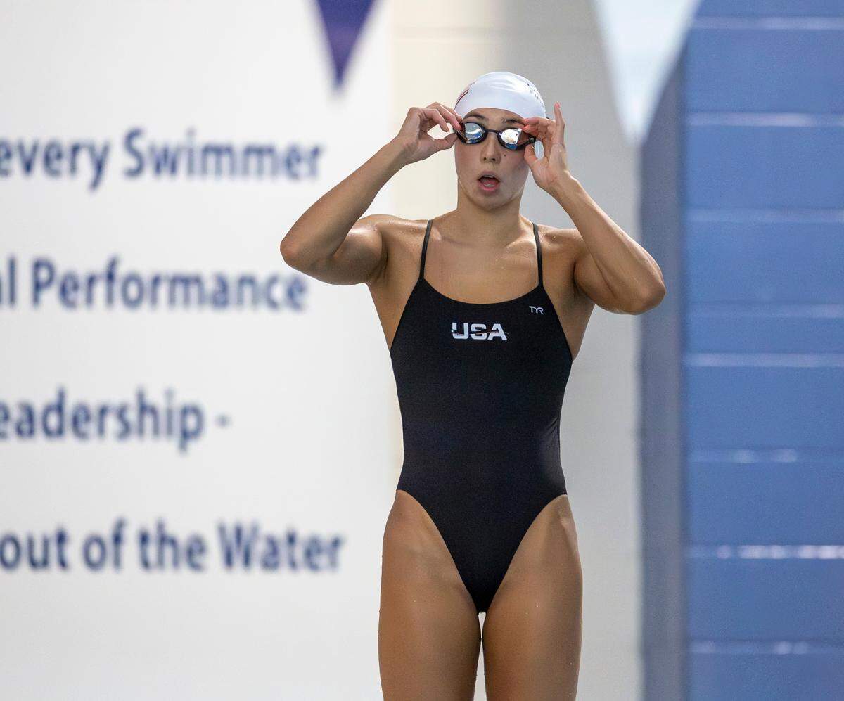 Torri Huske of Arlington, Virginia, an Olympic silver medalist, prepares for the 2024 United States Olympic Swim Team practice on Saturday, July 6, 2024 at the Triangle Aquatic Center in Cary, N.C.