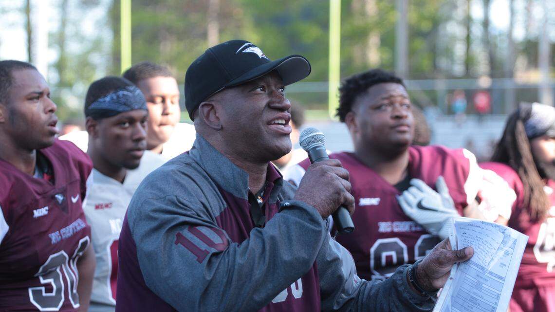 North Carolina Central interim head coach Granville Eastman addresses the crowd after the Eagles spring game last month in Durham.