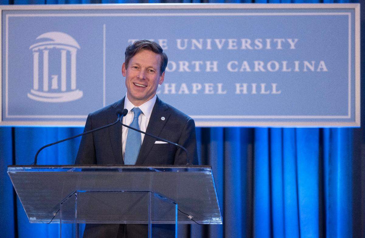 University of North Carolina Chancellor Lee Roberts addresses a gathering following his introduction at the 13th chancellor at the 234-year-old university on Friday, August 9, 2024 at the Kenan-Flagler Business School in Chapel Hill, N.C.