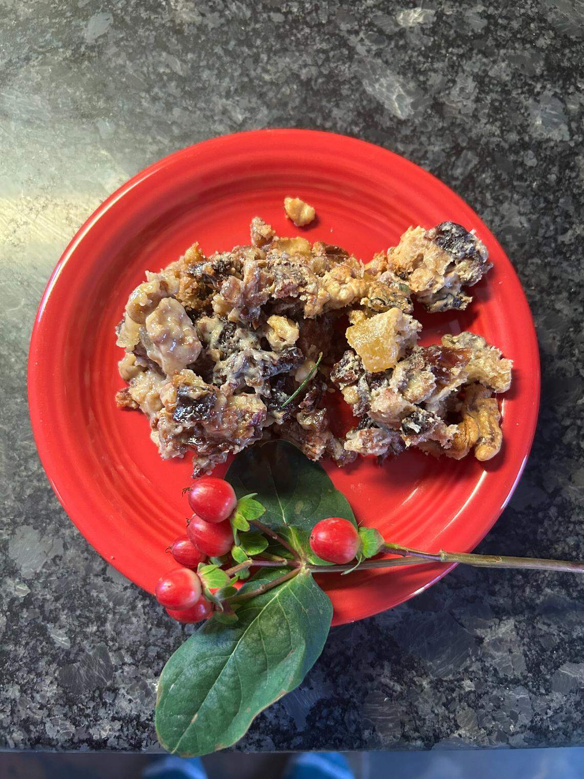 Ruth Gerringer’s fruitcake, prepared by the author with holiday garnish
