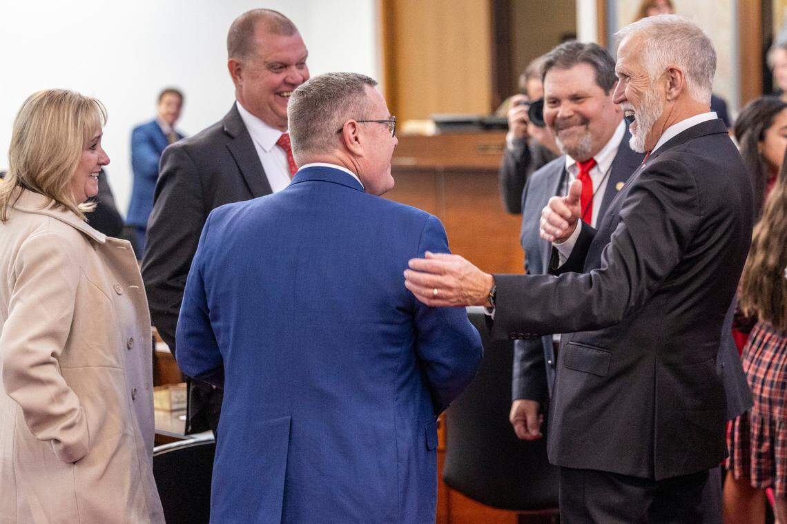Former Republican North Carolina House Speakers U.S. Rep. Tim Moore and U.S. Sen. Thom Tillis share a laugh before the North Carolina General Assembly’s 2025 legislative session opens on Wednesday, Jan. 8, 2025, at the Legislative Building.