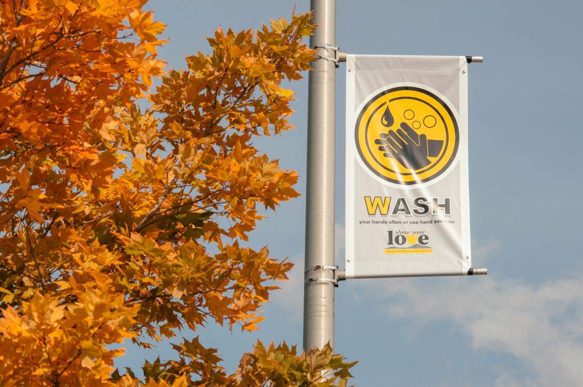 Banners on Sunday, Oct. 4, 2020, encouraging hygiene have been posted around the Appalachian State campus in Boone, N.C. Cases of the coronavirus are spiking at the university causing many students and faculty members to call for stronger safety measures.
