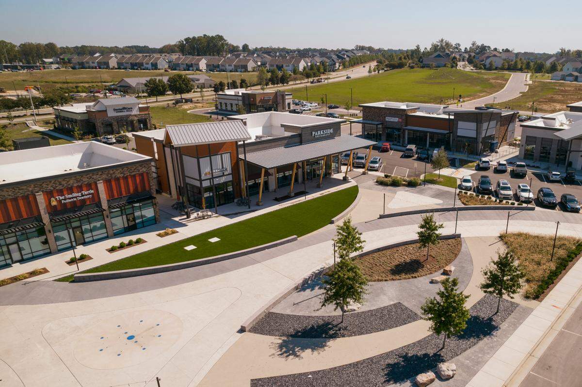 An aerial photo of Treelight Square, a retail and dining venue inside Wendell Falls, the largest master-planned community in the Triangle.