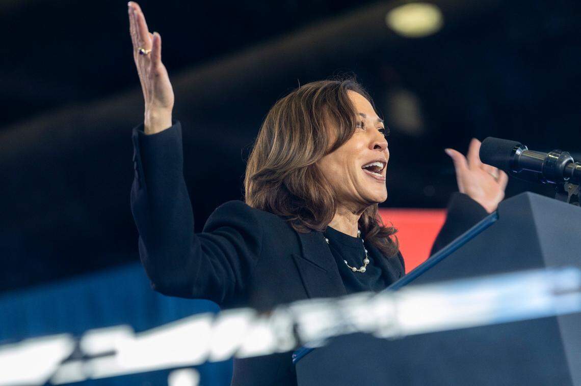 Vice President Kamala Harris speaks during a rally at Coastal Credit Union Music Park at Walnut Creek in Raleigh on Wednesday, Oct. 30, 2024.