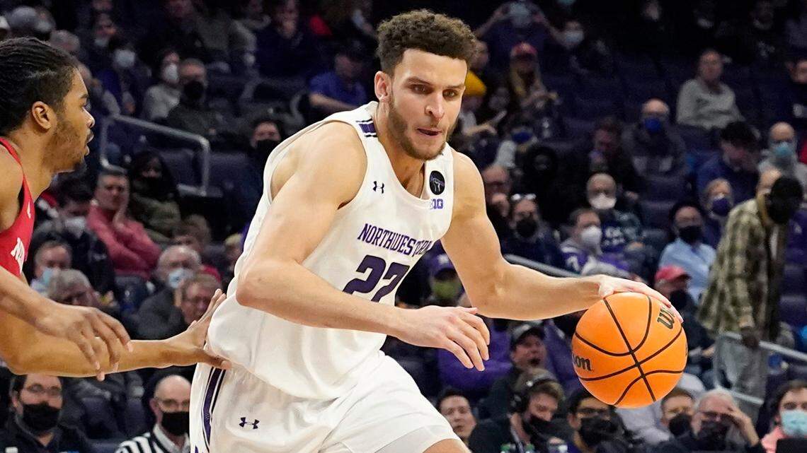 Northwestern’s Pete Nance drives during a NCAA college basketball game against Nebraska Tuesday, Feb. 22, 2022, in Evanston, Ill. Northwestern won 77-65.