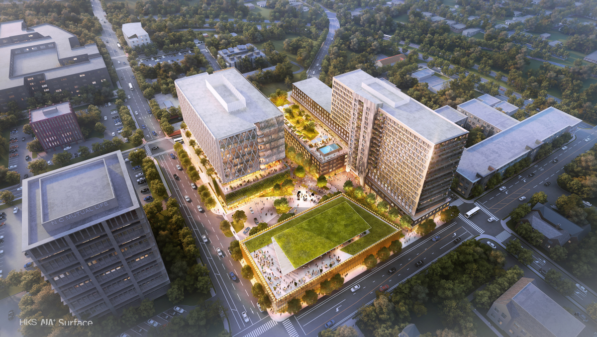 A rendering of a proposed redevelopment in downtown Durham if the former police headquarters is torn down and replaced with a museum and cultural center, bottom left.