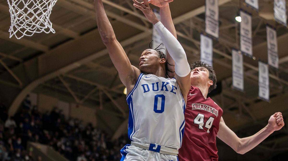 Duke’s Wendell Moore Jr. (0) drives to the basket against Lafayette’s Chris Rubayo (44) during the second half on Friday, November 19, 2021 at Cameron Indoor Stadium in Durham, N.C. Moore Jr.lead all scores with 23 points in the Blue Devils’ 88-55 victory.