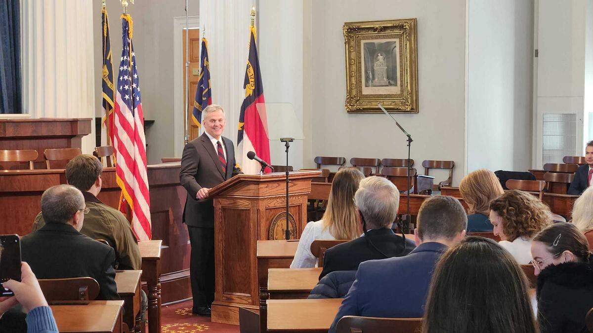 North Carolina Democratic Gov. Josh Stein smiles at family and friends gathered to watch him give his inaugural address in the House chamber of the State Capitol building on Saturday, Jan. 11, 2025, in a pared down inauguration event after snow and ice across the state on Friday changed plans.