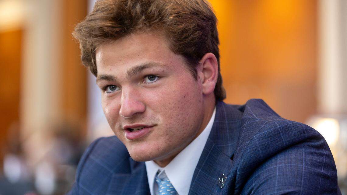North Carolina quarterback Drake Maye does an interview with the News & Observer during the 2023 ACC Kickoff on Thursday, July 21, 2023 at the Westin Hotel in Charlotte, N.C.