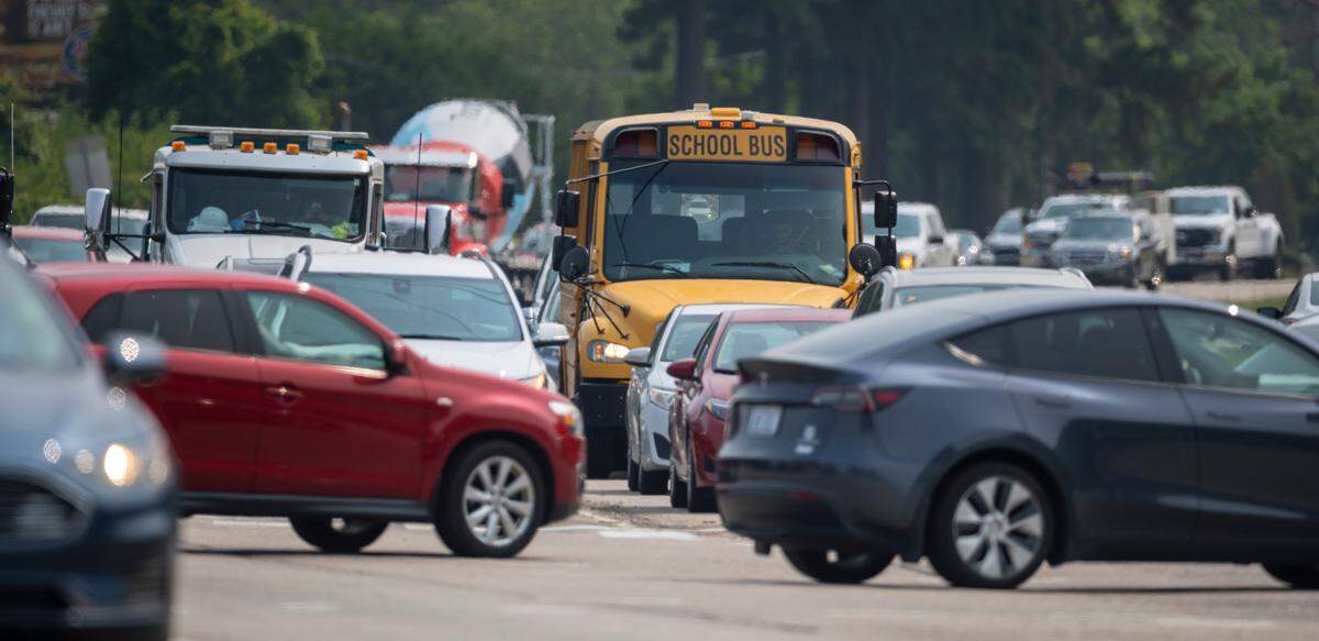 Traffic during rush hour at the intersection of US 1 and Perry Creek Road on Tuesday, June 6, 2023 in Raleigh, N.C.