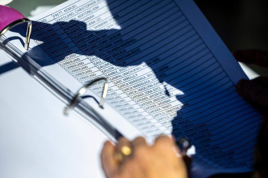 During a live-streamed event on the grounds of the North Carolina State Capitol, hosted by the Can’t Win Victory Fund, Vicki Ryder takes a turn reading the names of more than 60,000 ballots challenged by Republican Court of Appeals Judge Jefferson Griffin in a legal battle over the results of the state Supreme Court race.