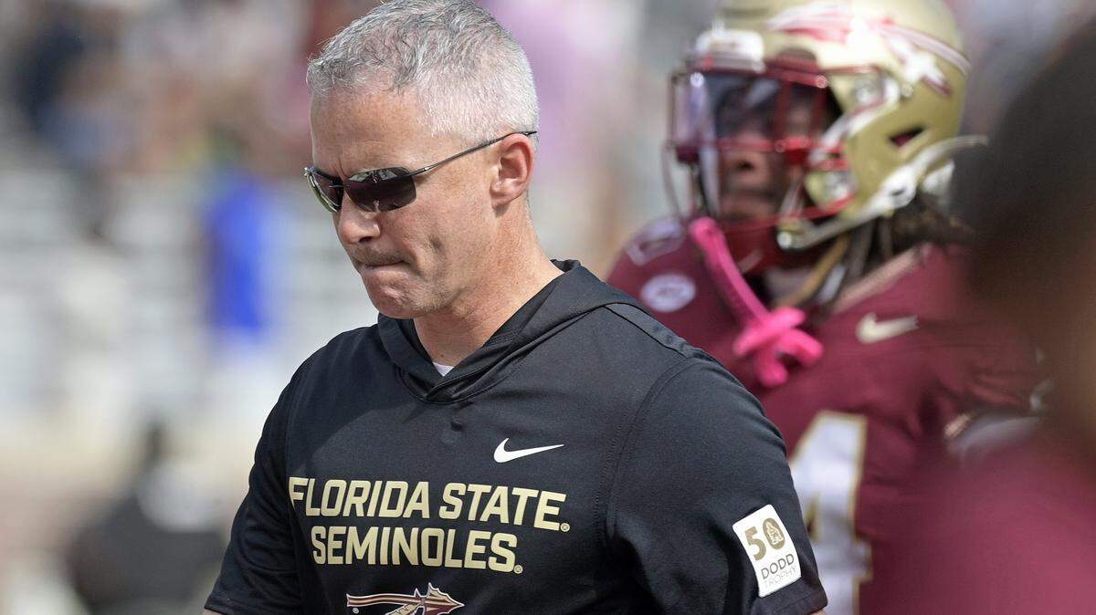 Oct 11, 2025; Tallahassee, Florida, USA; Florida State Seminoles head coach Mike Norvell after losing the game to the Pittsburgh Panthers at Doak S. Campbell Stadium. Mandatory Credit: Melina Myers-Imagn Images