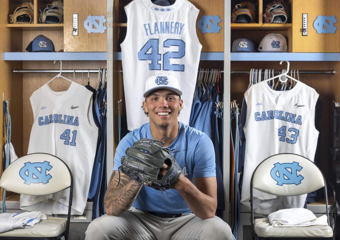North Carolina pitcher Boston Flannery poses for a portrait in the Tar Heel’s locker room on Tuesday, April 14, 2026, at Boshamer Stadium in Chapel Hill, N.C. Flannery wears jersey #42, in honor of Jackie Robinson. 