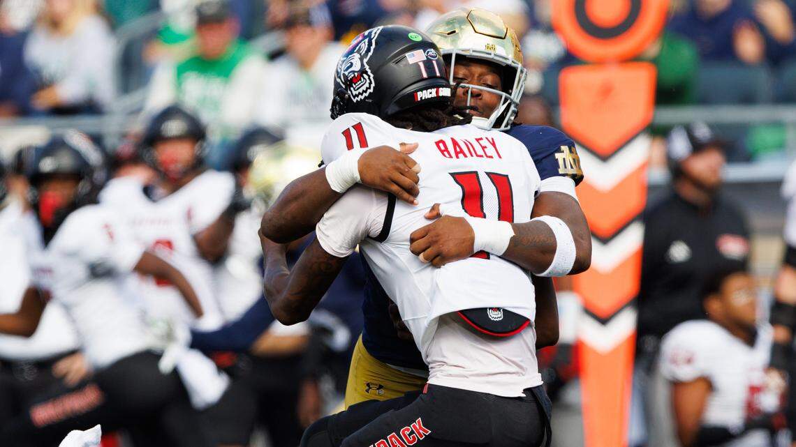 Notre Dame defensive lineman Boubacar Traore, sacks NC State quarterback CJ Bailey (11) during their game at Notre Dame Stadium on Saturday, Oct. 11, 2025, in South Bend. Notre Dame defensive lineman Boubacar Traore, sacks NC State quarterback CJ Bailey (11) during their game at Notre Dame Stadium on Saturday, Oct. 11, 2025, in South Bend.